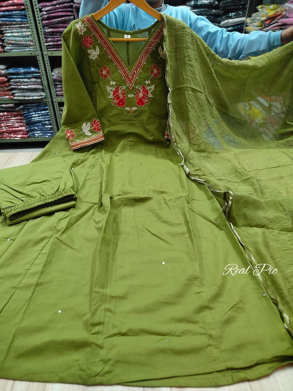 Green Cotton Anarkali Suit Set with Mirror Work